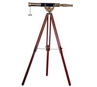 Nautical Style half Black Leather coverd Telescope Maritime Brass Antique Single Barrel Designer Telescope Brown Wooden Floor Standing Tripod.