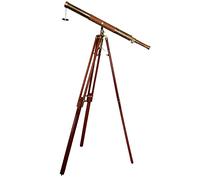 Nautical Style Vintage Single Barrel Telescope Half Brown Leather Coverd Tube Wooden Floor Standing Tripod Maritime Antique Brass Finish Home & Office Decor.