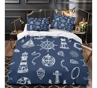 nautical symbols 3D Printed Duvet Insert Cover 3-Piece Microfiber Lightweight Breathable hand drawn sea theme Comforter Cover 2 Pillowcases Hidden Zipper Bed Set Girls Bedroom King（220x240cm）
