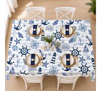 Nautical Tablecloth Rectangle 60x120 Inch, Coastal Beach House Table Cloth | with Anchor Lighthouse Ship Wheel Compass Seashell Pattern, Blue Striped Summer Ocean Table Cover for Dining Picnic Outdoor