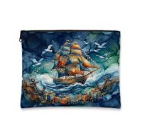 Nautical Tall Ship Holiday Voyage Christmas Makeup Bag 7x9 Inch | Seagulls, Makeup Zipper Pouch, Nautical Anchors, Gift Boxes, Watercolor Style, Ocean Theme, Maritime Art, Coastal Decor