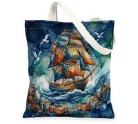 Nautical Tall Ship Watercolor Art Canvas Tote Bag 13x15 Inch | Nautical Theme, Watercolor Art, Ocean Waves, Seagulls, Anchors Motifs, Coastal Decor Style, Maritime Adventure