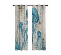 Nautical Teal Jellyfish Blackout Curtains for Bedroom Living Room, Ocean Corals Compass Vintage Brown Map 84 In Long Thermal Insulated Room Darkening Drapes Grommet Window Treatments, 52 x 84 In