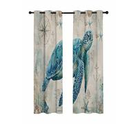 Nautical Teal Sea Turtles Blackout Curtains for Bedroom Living Room, Corals Compass Vintage Brown Map 63 In Long Thermal Insulated Room Darkening Drapes Grommet Window Treatments, 42 x 63 In
