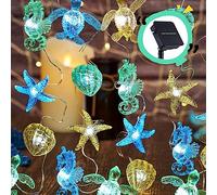 Nautical Theme Outdoor Solar Fairy Lights Ocean Décor Beach Decorative String Light Solar Power Seahorse Sea Turtle Starfish Shell Garden Night Lights 40LED 14ft Balcony Front Porch Tree Trunks