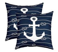 Nautical Theme Pillow Covers White Anchor Silhouette Cushion Covers for Kids Teens Adults Ocean Sea Travel Style Soft Square Cushion Cases for Office Couch Chairs 16x16 Inch Set of 2 Navy Blue