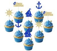 Nautical Theme Retirement Party Decorations 24pcs Gold Blue Happy Retirement Glitter Cupcake Toppers for Man Sailor Cake Decors Ocean Anchor Sailboat Sailing Lighthouse Boat Retired Party Supplies