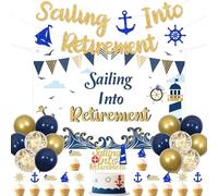 Nautical Theme Retirement Party Decorations Happy Retirement Cake Toppers Backdrop Banner for Man Sailor Anchor Sailboat Sailing Lighthouse Boat Retired Party Supplies