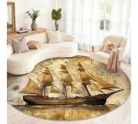 Nautical Theme Rug, Nautical Map Round Rug 210cm, Adventurer Circle Rugs, Washable Circle Carpet for Living Room Bedroom Dining Room Under the Dining Table