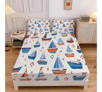 Nautical Theme Single Fitted Sheet, 3D Cartoon Sailboat Ship Fitted Sheet Single Bed,Deep Pocket 12 inch (30 cm), Soft Microfibre Fabric, Shrinkage and Fade Resistant 90x190cm Bedding