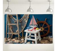 Nautical Themed Backdrop, Coastal Decor Vintage Style Photography Background, Blue and White Anchors Design for Summer Beach Party Decorations 71x43 Inch