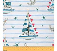 Nautical Themed Fabric by The Yard Cartoon Sailing Boat Cute Starfish Fabric for Kids Teens Adults Watercolor Blue Stripes Anchor Summer Style Fabric for Curtain and Home DIY Projects 1 Yard