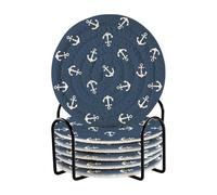 Nautical Themed Simple Anchors Blue Absorbent Coasters Coasters for Drinks with Holder Set of 6 Aesthetic Coasters for Desk Tabletop Protection House Bar Accessories