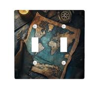 Nautical Treasure Map Decorative Switch Cover 2 Gang Double Toggle, Rustic World Map Wall Plate Cover, Standard Size, Vintage Electrical Faceplate for Bedroom Living Room Decor