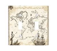 Nautical Treasure Map Decorative Switch Cover 2 Gang Double Toggle, Vintage World Map Routes Switchcover Wall Plate, Rustic Electrical Faceplate for Bedroom Living Room Decor