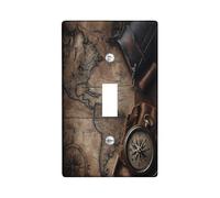 Nautical Treasure Map Decorative Switch Cover Plate 1 Gang Single Toggle, Vintage World Map Compass Electrical Faceplate for Bedroom Bathroom Decor, Rustic Standard Size Switchplate