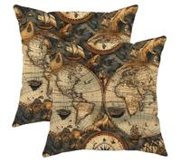 Nautical Treasure Map Pillow Covers 18x18 Set of 2, Comfy Breathable Aesthetic World Map Routes Velvet Pillow Cases Kit with Zipper, Vintage Decorative for Sofa Living Room Bed