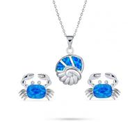 Nautical Tropical Beach Vacation Ocean Inspired Created Blue Opal Conch Shell Pendant Necklace & Crab Stud Earrings Jewelry Set for Women Teens .925 Sterling Silver October Birthstone
