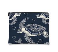 Nautical Turtle Makeup Bag, Vintage Marine Cosmetic Travel Pouch for Women, Portable Small Canvas Zipper Organizer, Beach Gift Skincare Toiletry Bag, Navy, 7x9 Inch, Turtle