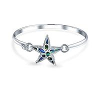 Nautical Vacation Honeymoon Marine Life Beach Iridescent Abalone Shell Inlaid Drop Starfish Bangle Bracelet For Women Teen .925 Sterling Silver Lever Back