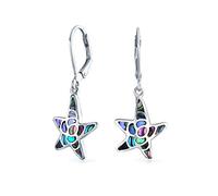 Nautical Vacation Honeymoon Marine Life Beach Iridescent Abalone Shell Inlaid Drop Starfish Earrings For Women Teen .925 Sterling Silver Lever Back