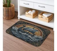 Nautical Viking Ship Quick Dry Bath Mat, Vintage Ocean Waves Decorative Non Slip Shower Mat, Medieval Flannel Washable Bath Rugs for Bathroom Toilet Restroom 20x32 Inch