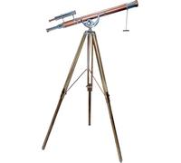 Nautical Vintage Brass Chrome/Copper Finish Double Barrel Telescope with Natural Wooden Teak Tripod Floor Standing Telescopic