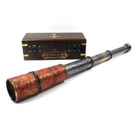Nautical Vintage Brass & Leather Handheld Functional Telescope with Wooden Case - Pirate Spyglass, Sailor Gift