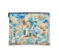 Nautical Vintage Cosmetic Bag, Lighthouse and Shells Pattern Travel Pouch for Women, Portable Small Canvas Zipper Organizer, Summer Beach Skincare Toiletry Bag, Blue, 7x9 Inch, Lighthouse