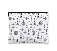 Nautical Vintage Makeup Bag, Lighthouse Anchors Pattern Cosmetic Travel Pouch for Women, Portable Small Canvas Zipper Organizer, Summer Beach Skincare Toiletry Bag, Navy, 7x9 Inch, Anchors