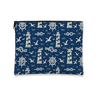 Nautical Vintage Makeup Bag, Lighthouse and Seagulls Cosmetic Travel Pouch for Women, Portable Canvas Zipper Organizer, Summer Beach Skincare Toiletry Bag, Navy, 7x9 Inch, Lighthouse