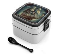 Nautical Vintage Sailing Pirate Ship Bento Box with Compartments Portable Lunch Containers with Spoon Leak Proof Bento Lunch Box Snap-On Design Double-Layer Insulated Lunch Boxes for Work Camping