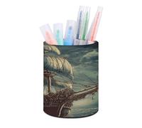 Nautical Vintage Sailing Pirate Ship Pen Holder for Desk Makeup Brush Holders Stylish Pen Cup Cute Pencil Cup Round Pencil Holder Decor Brush Scissor Holders for Multifunctional Office Supplies