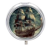 Nautical Vintage Sailing Pirate Ship Pill Box Round Portable Small Pill Case Waterproof Travel Pill Box Organizer for Pocket Purse and Daily Convenience