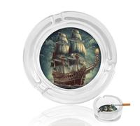 Nautical Vintage Sailing Pirate Ship Round Clear Glass Ashtray Thickened Crystal Glass Ashtray Portable Windproof Desktop Cigarette Ash Tray for Home Office Bar Patio Decor