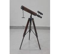 Nautical Vintage Style Two Ton Brown Leather Tube Soyglass Telescopes On Wooden Stand