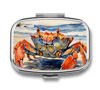 Nautical Watercolor Crab Metal Pill Organizer Case, 2-Compartment Travel Pill Box, Portable Pocket Pill Container with Secure Closure, Small Medication Holder for Men Women Seniors, Giftable