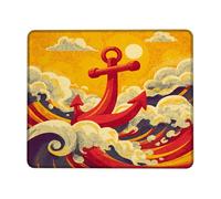 Nautical Waves Anchors Mouse Pad, Vibrant Red Anchors on Yellow Ocean Design, Rubber Non-Slip Washable Gaming Mousepad for Home and Office, Coastal Style Square 8x10 Inch