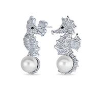 Nautical Wedding Cubic Zirconia CZ White Simulated Pearl Seahorse Earrings For Women For Bride Silver Plated Brass