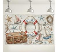 Nautical Welcome Aboard Backdrop, Beach Theme Vintage Marine Decorations, Coastal Blue and Red Party Background for Events, Summer Ocean Decor 71x43 Inch