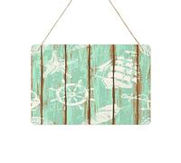 Nautical Welcome Sign for Front Door, Metal Tin Signs with Rope Hanging Rustic Plaque 12"x8" Farmhouse Home Porch Entryway Garden Yard Sign, Ship Rudder Starfish Conch on Green Board