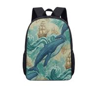 Nautical Whale Sailing Ship Vintage 17 Inch Backpack, Retro Map Compass Print School Bag for Kids Students Teenagers (03)
