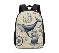 Nautical Whale Sailing Ship Vintage 17 Inch Backpack, Retro Map Compass Print School Bag for Kids Students Teenagers (01)
