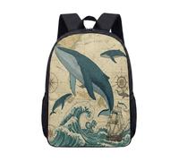 Nautical Whale Sailing Ship Vintage 17 Inch Backpack, Retro Map Compass Print School Bag for Kids Students Teenagers (02)