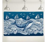 Nautical Whale Wall Backdrop, Ocean Waves Art Print Decorative Background, Blue Marine Photography Scene for Birthday Party Events 71x43 Inch