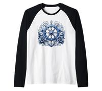 Nautical Wheel Helm Roses Sea Waves Sailing Boat Maritime Raglan Baseball Tee