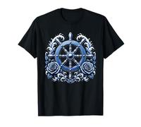 Nautical Wheel Helm Roses Sea Waves Sailing Boat Maritime T-Shirt