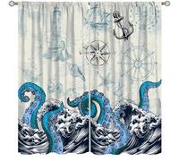 Nautical Window Curtain,Coastal Map Sailboat Compass Anchor Vintage Ocean Octopus Tentacles Blue Curtains Cafe Bedroom Office Dining Room Living Room Kitchen Drapes, 55x63 in