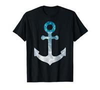 nauticals ship boat white teal anchor design on navy blue T-Shirt
