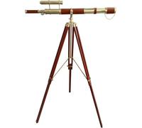 NauticalTelescope Shiny Brass Finish Doubel Barrel Marine Functional Telescope Antique Floor Standing Wooden Tripod Sailor Ship Brown Leather Coverd Tube